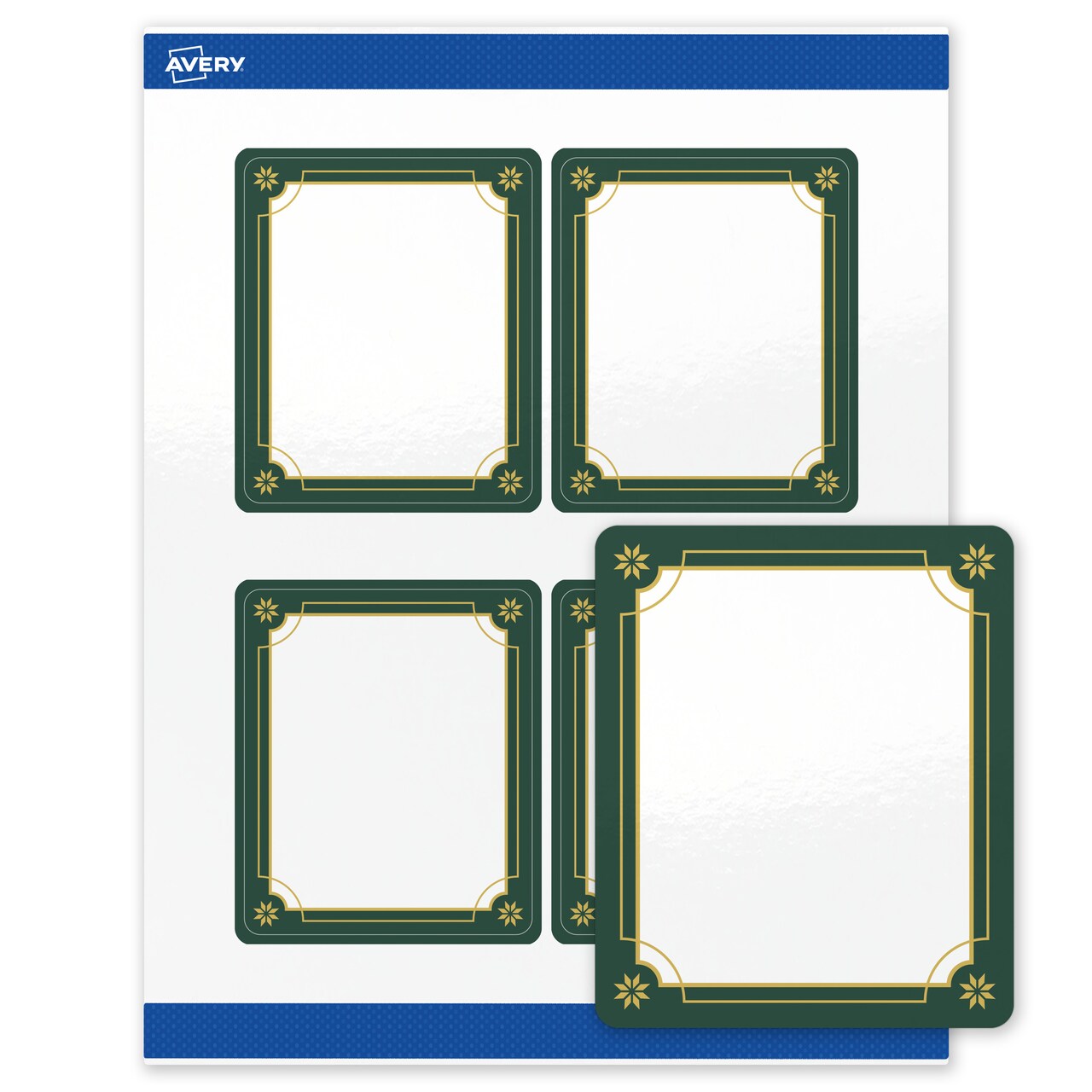 Avery Printable Labels with Sure Feed Technology, Rectangle, 4" x 3-1/3", Pre-Printed Green & Metallic Gold Border Design, Glossy White, Laser & Inkjet Compatible, 40 Total